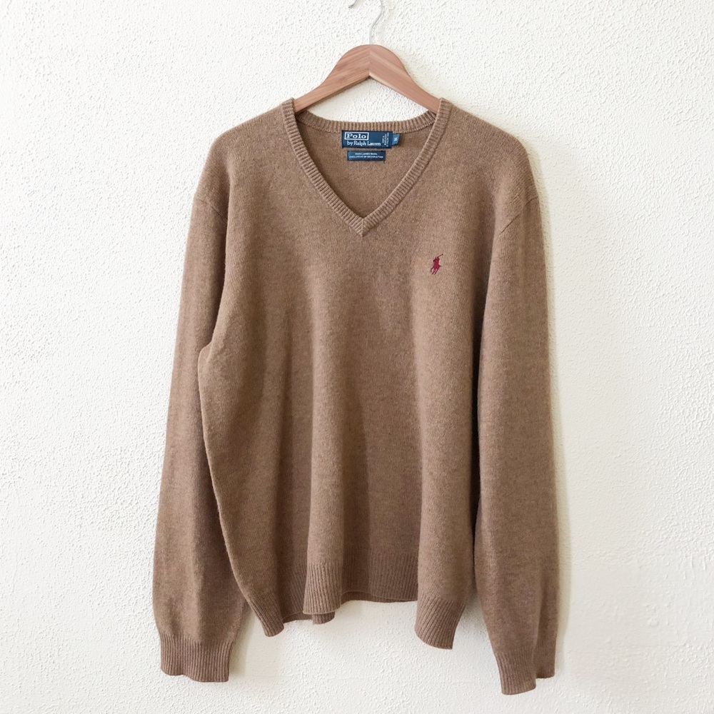 Polo by Ralph Lauren Men's V-Neck Sweater in Brown with Red Pony